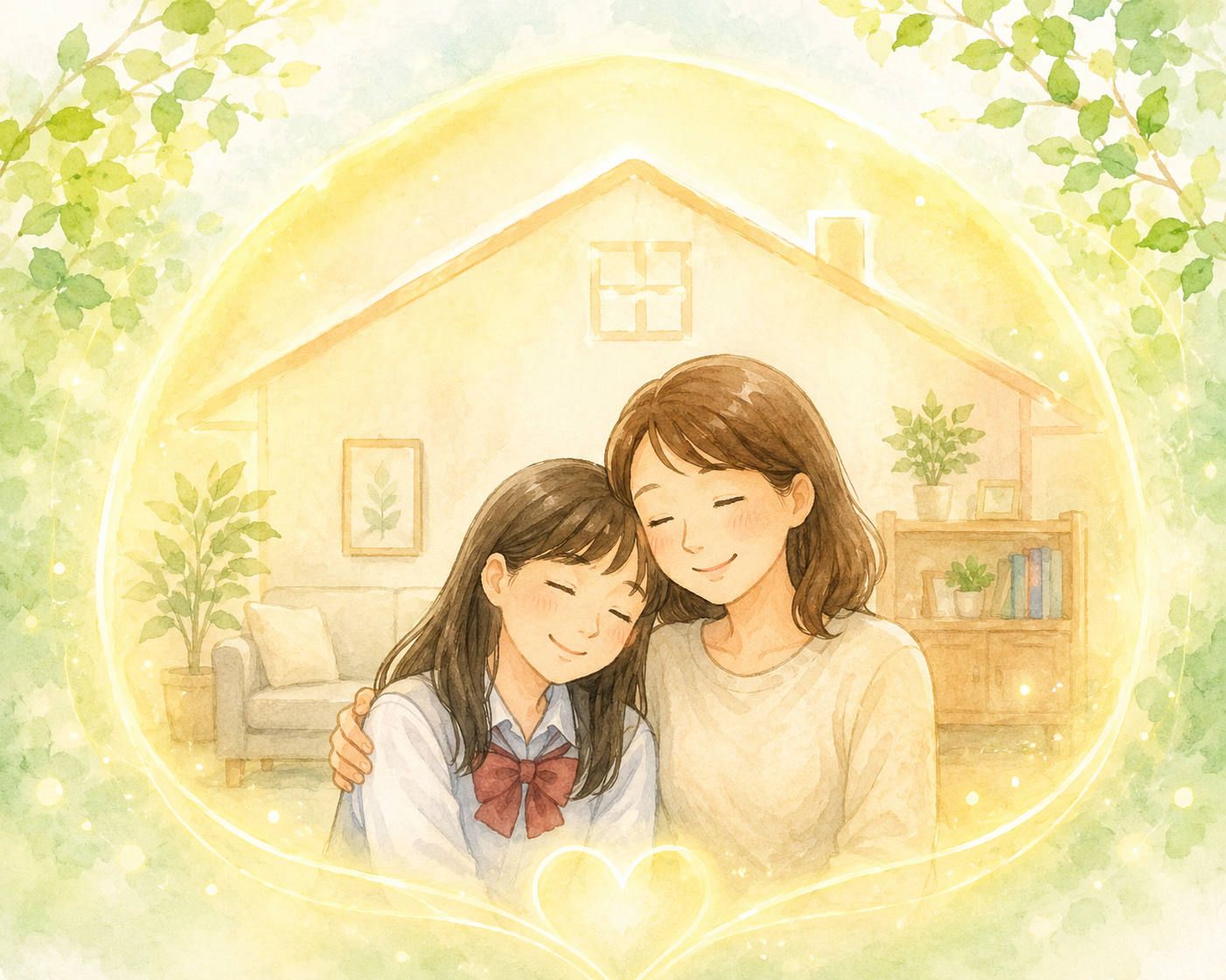 母親と娘が寄り添い微笑む親子のイラスト｜家庭で始める自律神経ケア