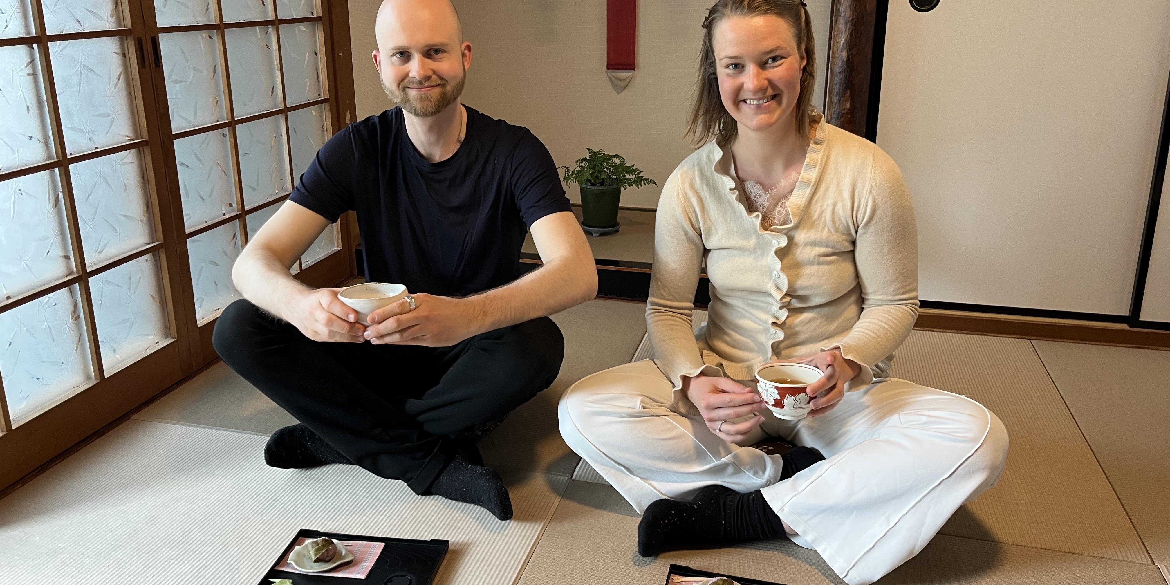 A couple from Norway enjoying Japanese tea and wagashi after their Reiki session.