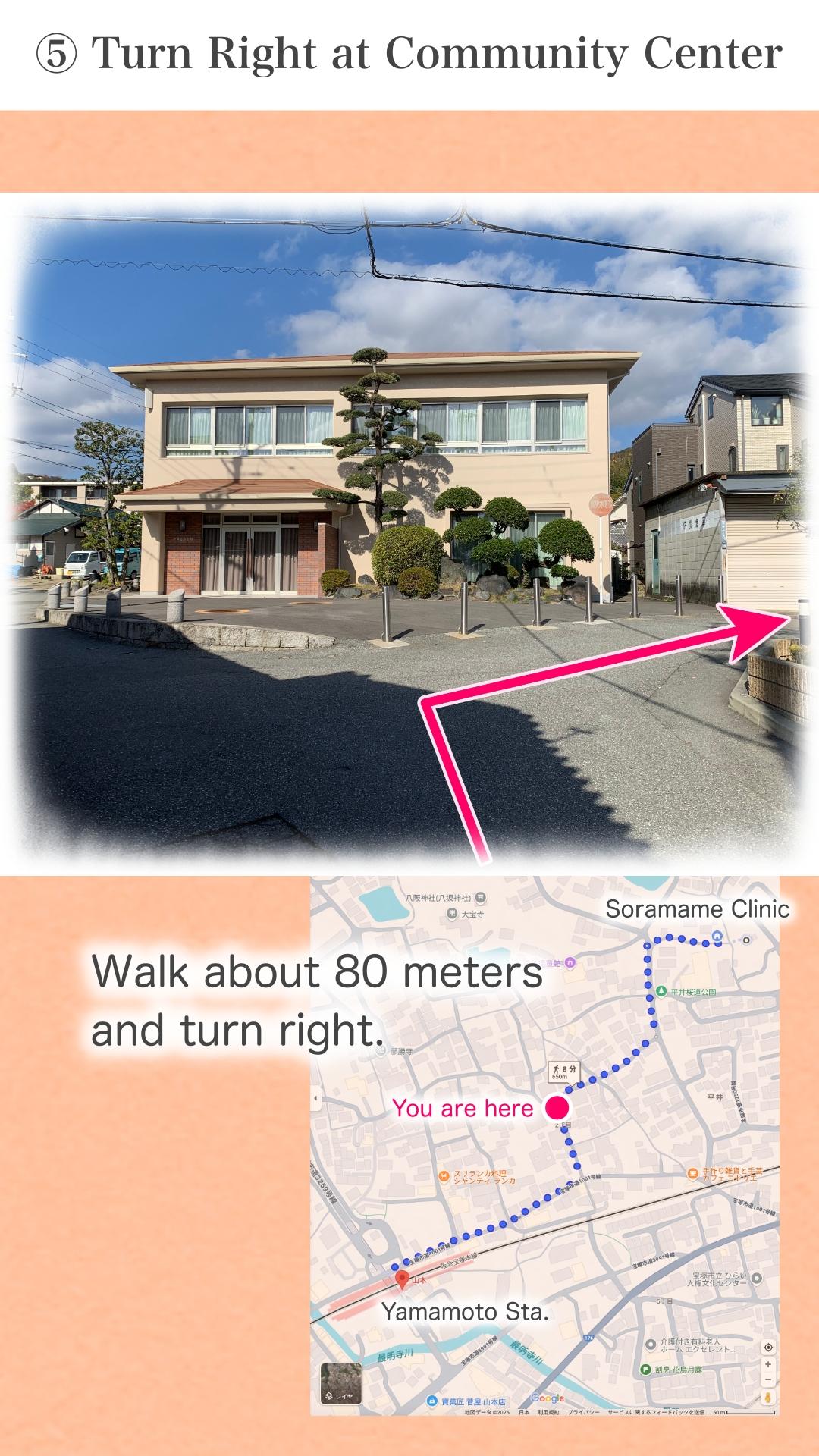 At the three-way intersection in front of the Hirai Community Center, take the road to the right.