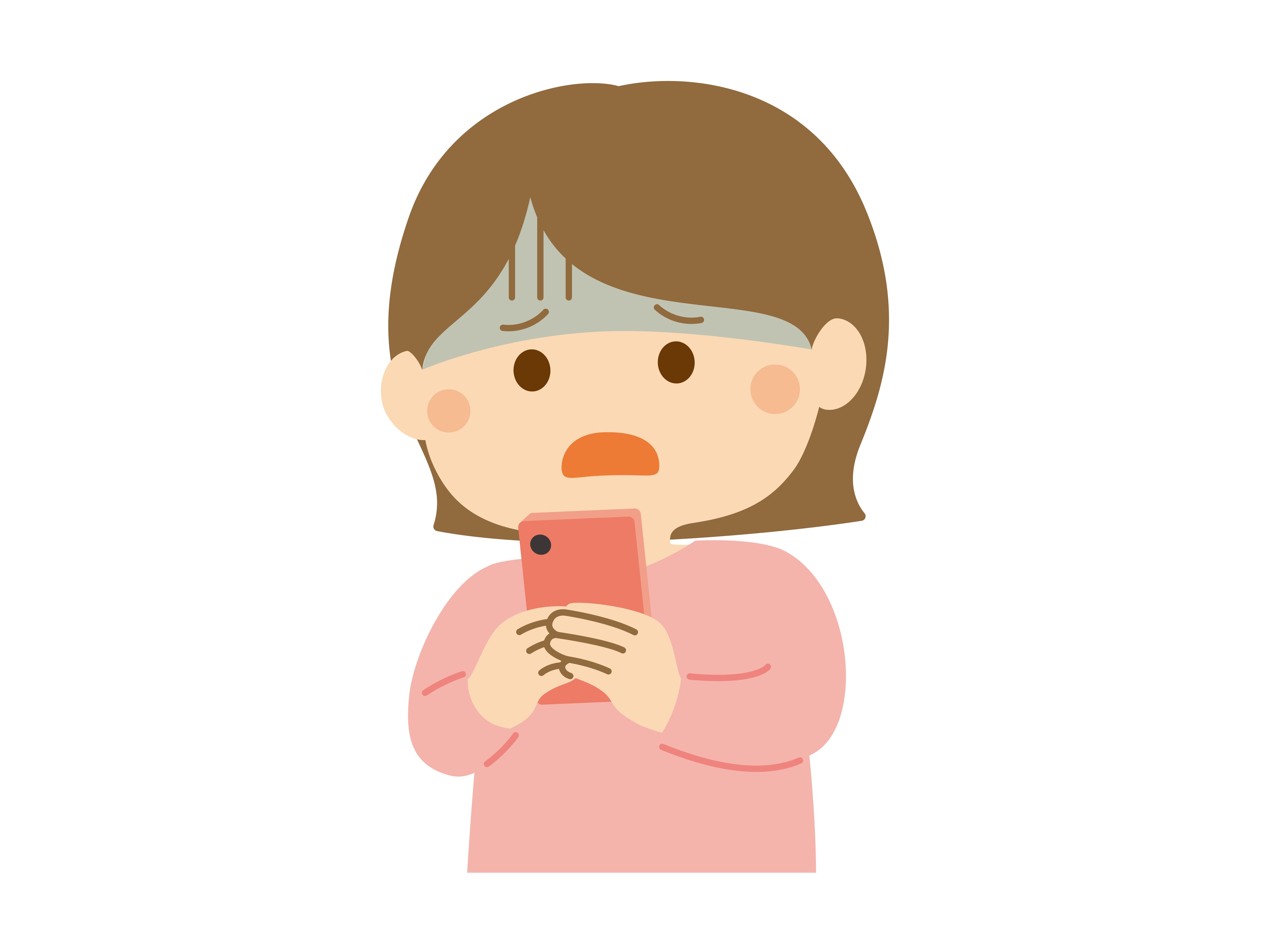 スマートフォンを眺めながら、不安そうな表情を浮かべる女性のイラスト。情報過多による脳の疲労と交感神経の興奮。
