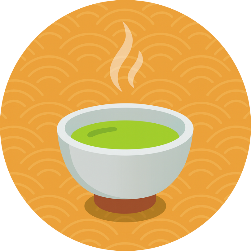 A flat-style illustration of a Japanese tea bowl filled with green matcha, set against an orange circular background with Seigaiha wave patterns, symbolizing a memorable Japanese cultural experience.