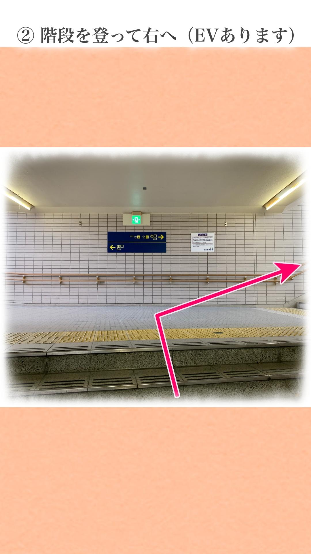 左手にある階段を上り、右に曲がります（エレベーターも利用可）。