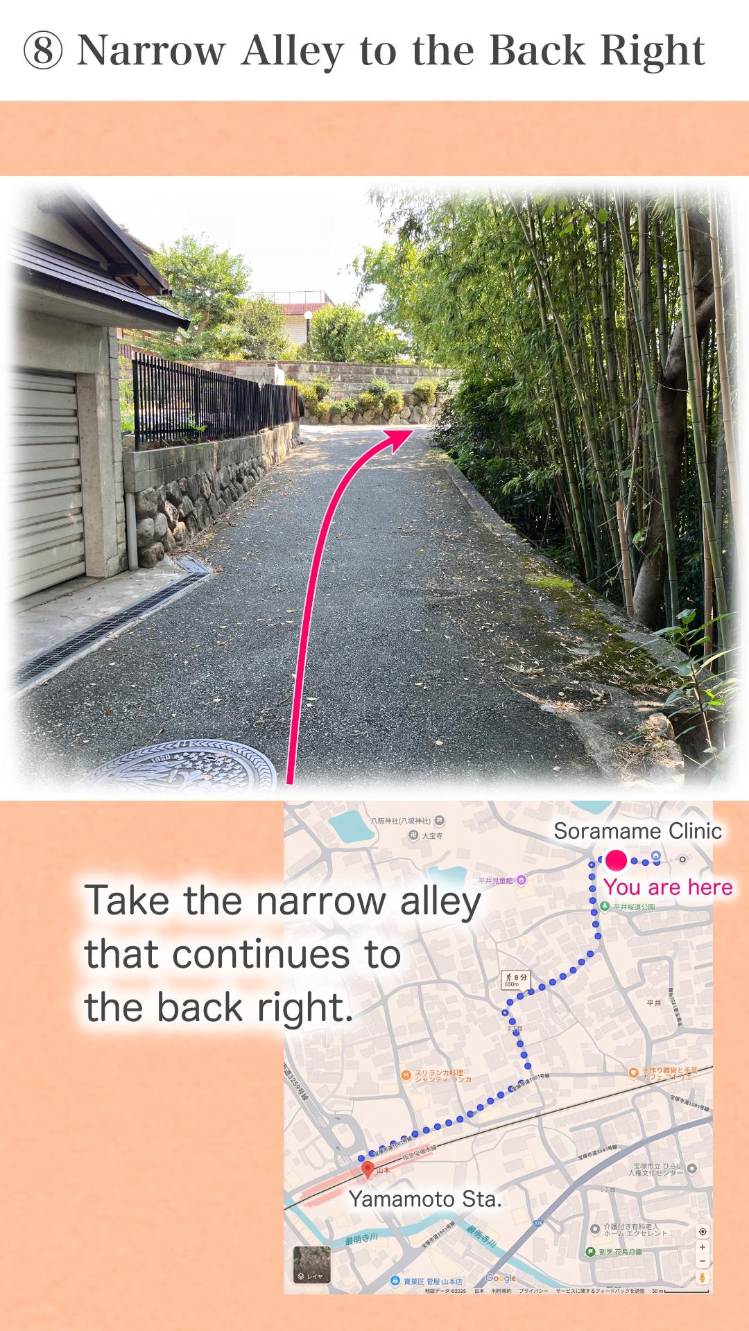 Take the narrow alley that continues to the back right.
