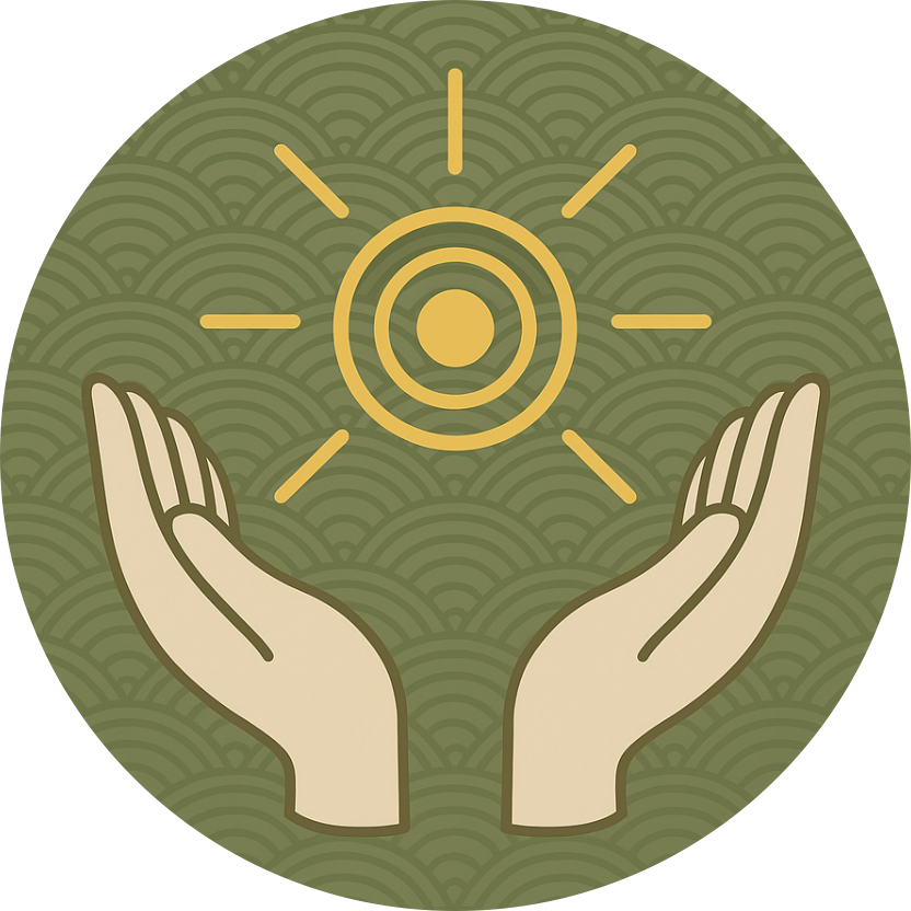Hands symbolizing healing energy, representing certification in traditional Usui Reiki, with a subtle Japanese pattern background.