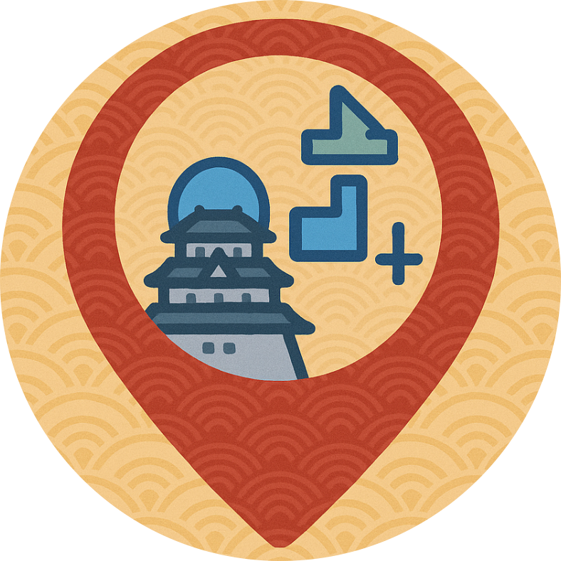 A flat-style digital vector icon of a map pin with a Japanese-style pattern background, representing location and access.