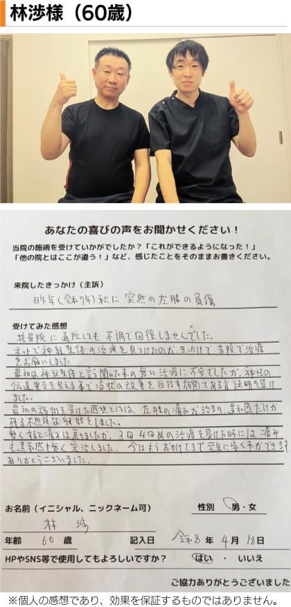 名古屋市北区の平安通整骨院の神経整体で膝の痛み、違和感が改善した60代男性患者さんとのツーショット写真と感想文