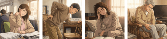 肩こり、腰痛、頭痛、膝痛で悩んでいる人達
