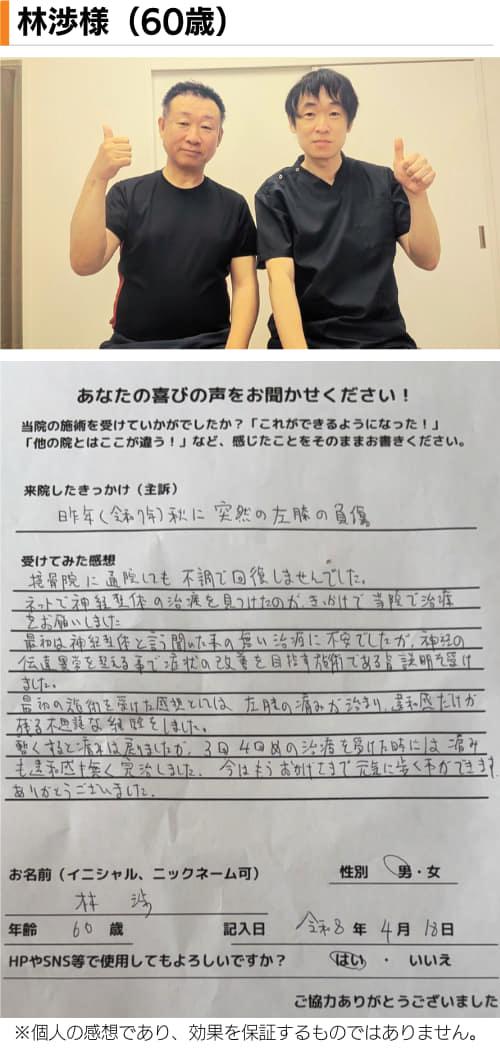 名古屋市北区の平安通整骨院の神経整体で膝の痛み、違和感が改善した60代男性患者さんとのツーショット写真と感想文
