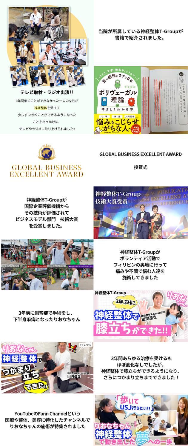 神経整体T-Groupの活動など、ポリヴェーガル理論の書籍で紹介されました、国際企業評価機構から技術大賞を受賞しました、フィリピンでボランティア活動を行いました、りおなちゃんの施術の軌跡の動画紹介