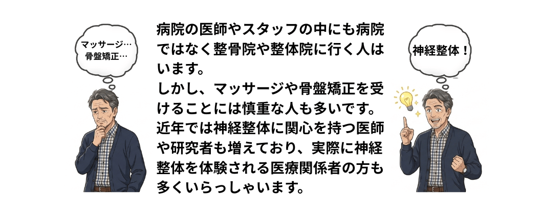 マッサージや骨盤矯正を受けることに懐疑的で、神経整体を受ける決心をした医師