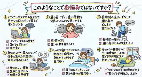 多くの人達が悩んでいる痛みや不調を表現したイラスト