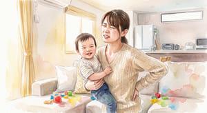 腰が痛い状態で子供を抱っこしていて辛い表情をしている20代女性のイメージ画像