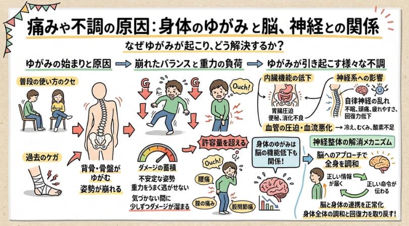 身体のゆがみと脳、神経の関係を説明しているイラスト
