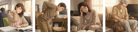 肩こり、腰痛、頭痛、膝痛で悩んでいる人達