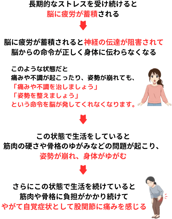 長期的なストレスを受け続けると脳に疲労が蓄積され、神経の伝達が阻害されて脳からに命令が正しく身体に伝わらなくなる。これにより回復できなくなり痛みや不調を感じるようになります。