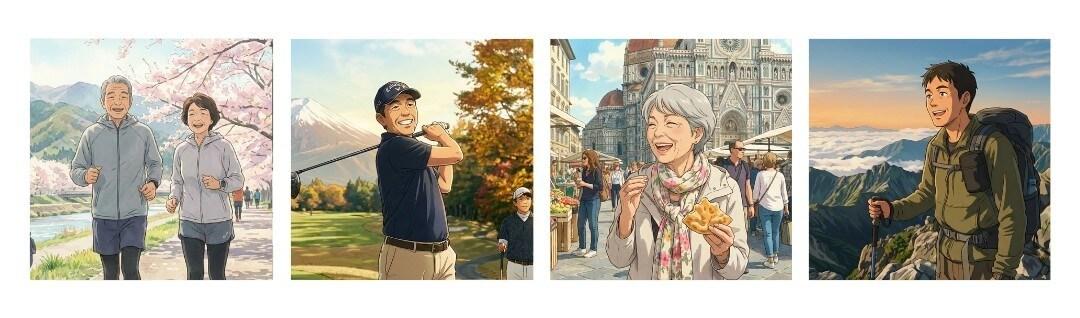 ランニング、旅行、ゴルフ、登山を楽しんでいる人達