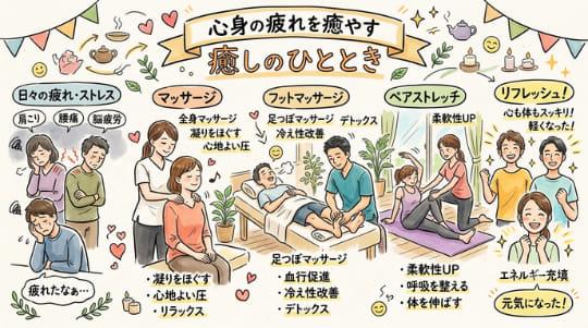 心身の疲れを癒すための数々の施術法を表現したイラスト