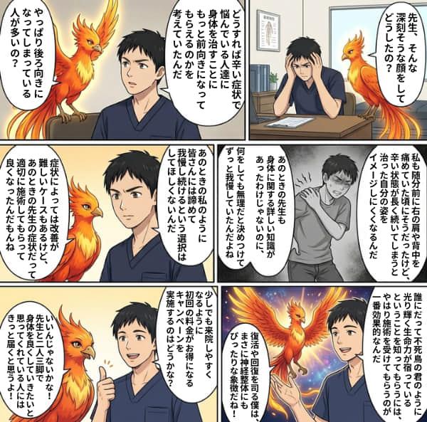 名古屋市北区の平安通整骨院のお得なキャンペーンを案内するマンガ