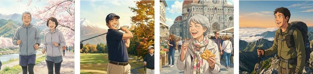 ランニング、旅行、ゴルフ、登山を楽しんでいる人達