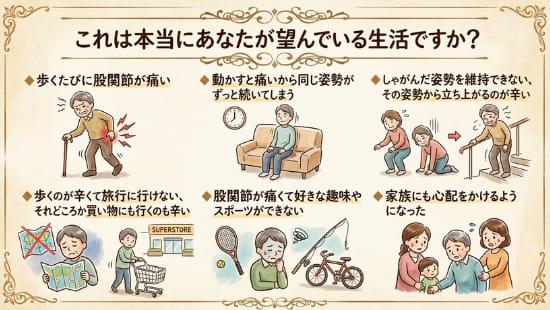 股関節の痛みに関する悩みを表現したイラスト