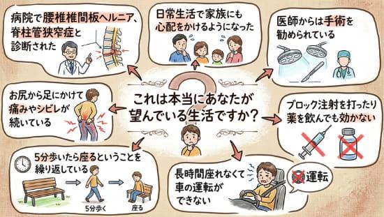 膝の痛みに関する悩みを表現したイラスト
