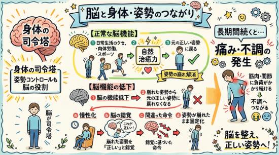 脳の機能低下が姿勢の崩れを起こすことを説明しているグラフィックレコーディング