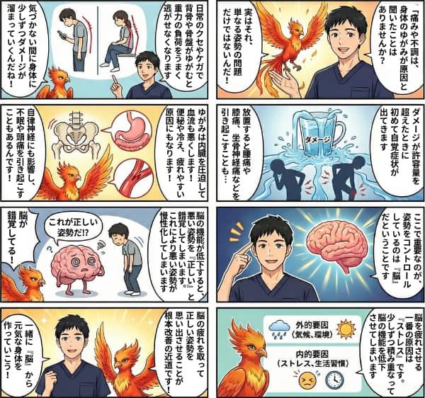 身体のゆがみと脳、神経の関係を解説するマンガ
