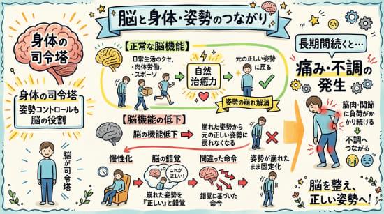 脳の機能低下が姿勢の崩れを起こすことを説明しているグラフィックレコーディング
