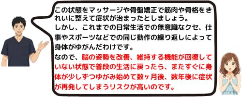 脳の姿勢を改善、維持する機能が回復していない状態で普段の生活に戻ったら、数ヶ月後、数年後に症状が再発してしまうリスクが高いのです。