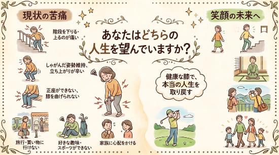 膝の痛みに関する悩みを表現したイラスト