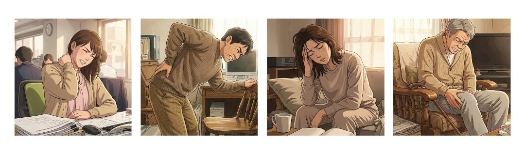 肩こり、腰痛、頭痛、膝痛で悩んでいる人達