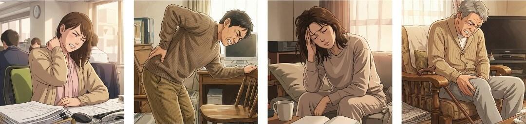 肩こり、腰痛、頭痛、膝痛で悩んでいる人達