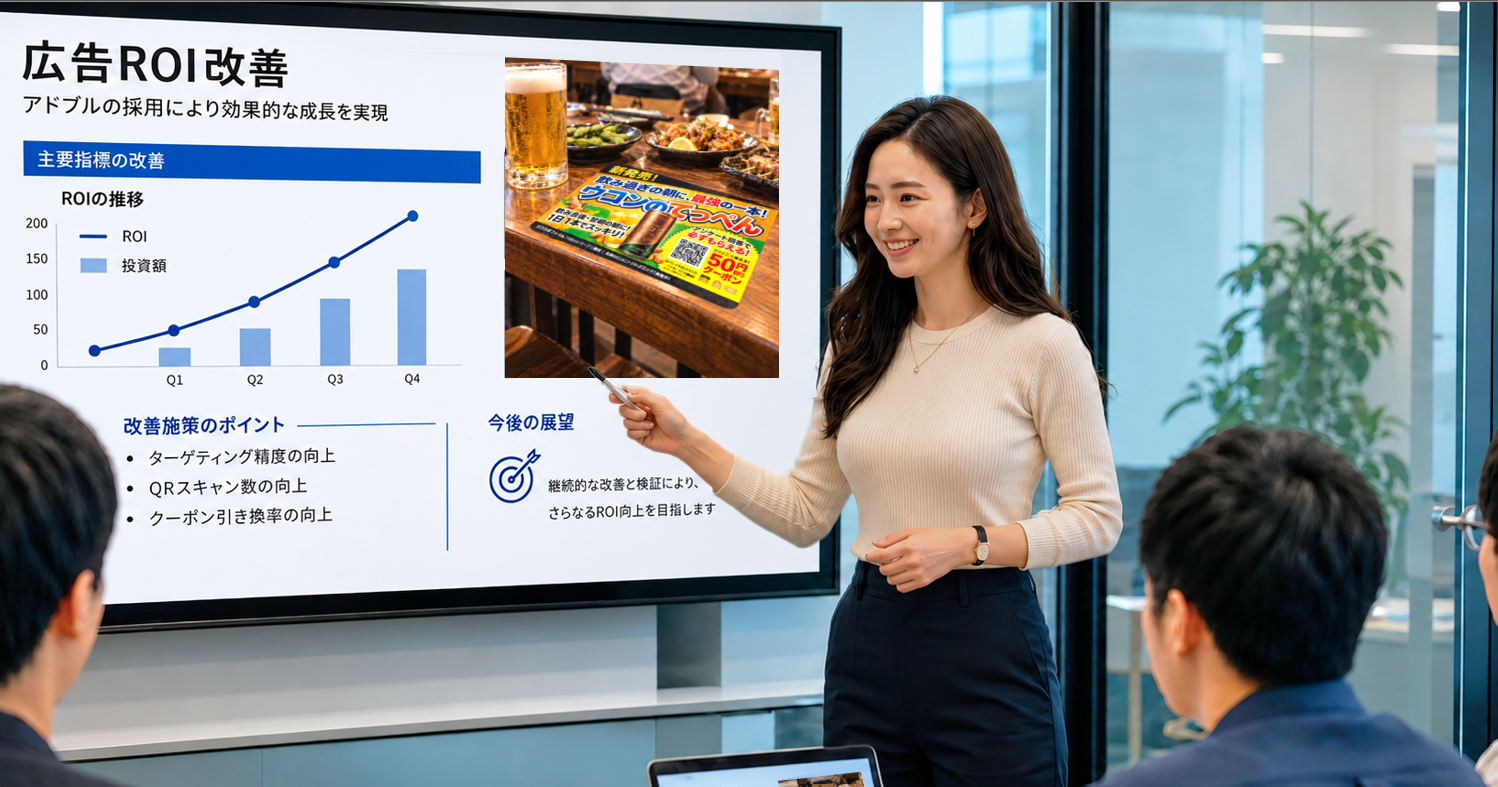 低コストで効果測定可能な広告媒体についてプレゼンする広告主企業の担当者のイメージ