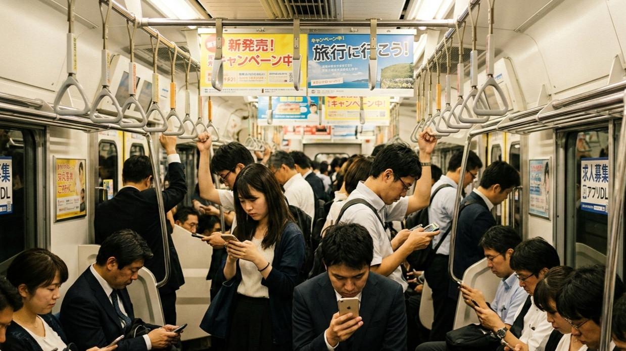 スマホを見るために視線が下がり、中吊り広告が視界に入らないイメージ