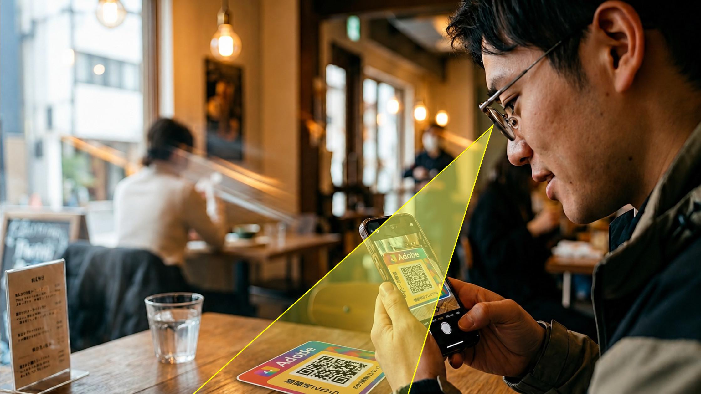 飲食店の待ち時間にテーブルステッカー広告のQRコードをスマホでスキャンするイメージ
