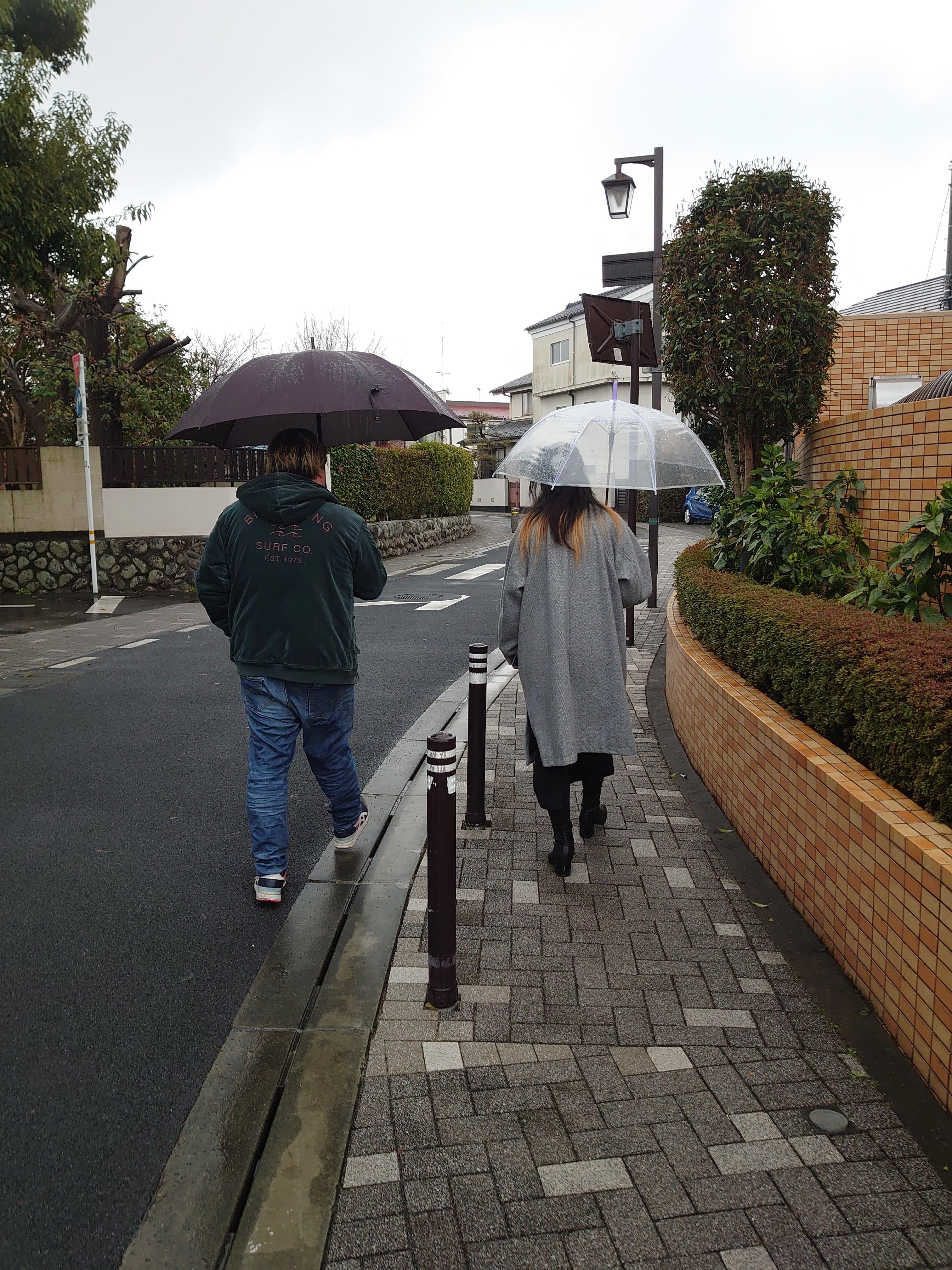 傘をさす男女のカップルが歩道を歩いている
