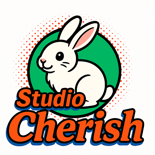 家族や記念日を彩る大阪のフォトスタジオ「Studio Cherish」のロゴ。かわいいうさぎと柔らかな色使いが特徴。