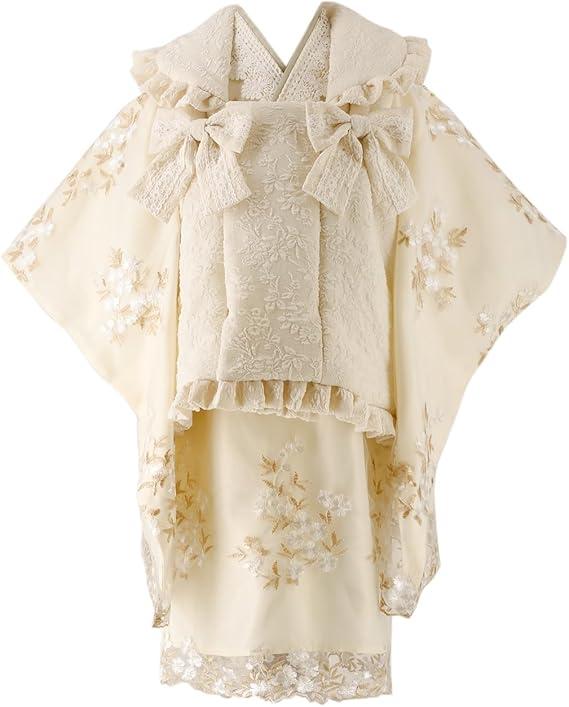 [キャサリンコテージ]七五三 3歳女の子 着物 花刺繍チュールレース着物ワンピース＆ 被布セット 和装 CC0746 100cm アイボリー[IVO]