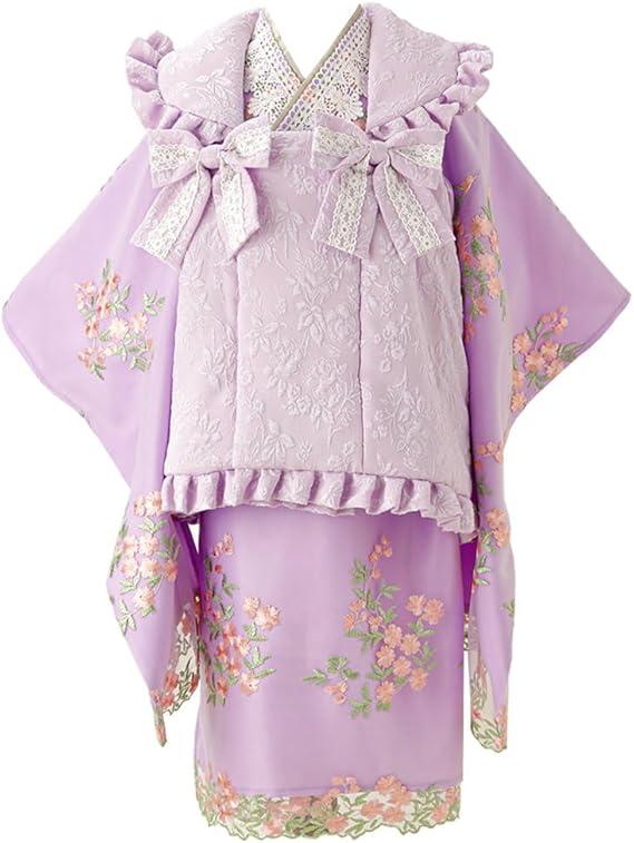 [キャサリンコテージ]七五三 3歳女の子 着物 花刺繍チュールレース着物ワンピース＆ 被布セット 和装 CC0746 100cm ライラック着物×若紫被布[LIL]