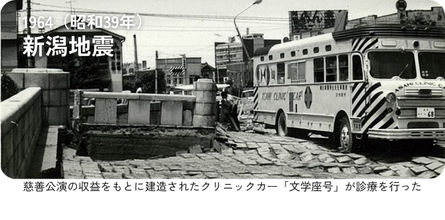 1964（昭和３９年）新潟地震 「慈善公演の収益をもとに建造されたクリニックカー「文学座号」が診療を行った」