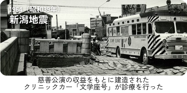 1964（昭和３９年）新潟地震 「慈善公演の収益をもとに建造されたクリニックカー「文学座号」が診療を行った」