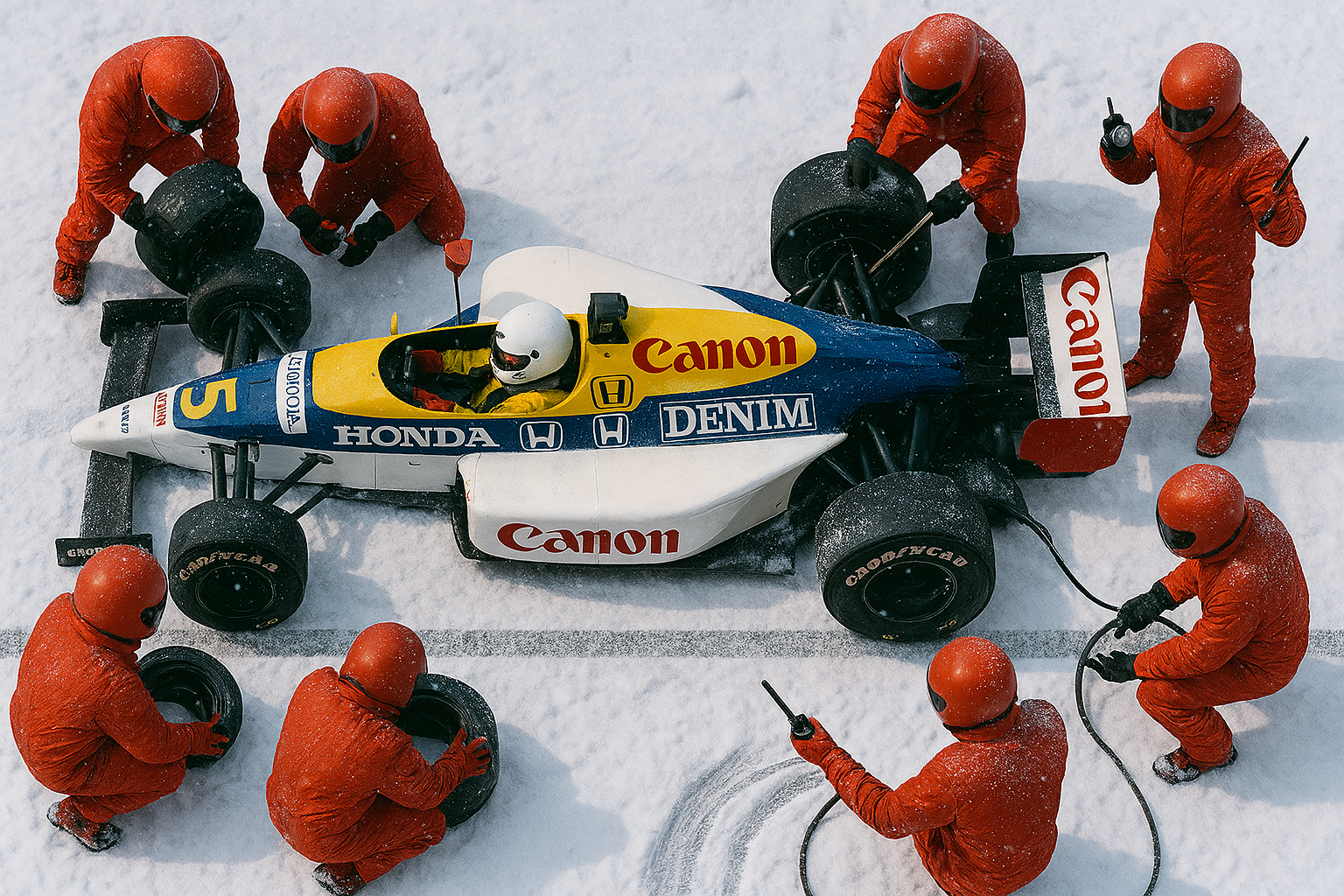 ペンギンがタイヤ交換をしている様子