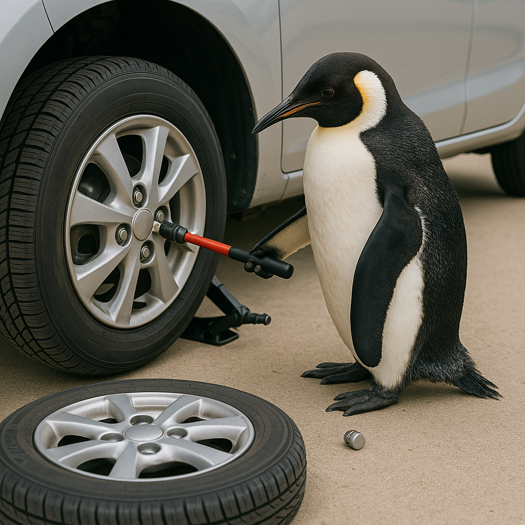 ペンギンがタイヤ交換をしている様子
