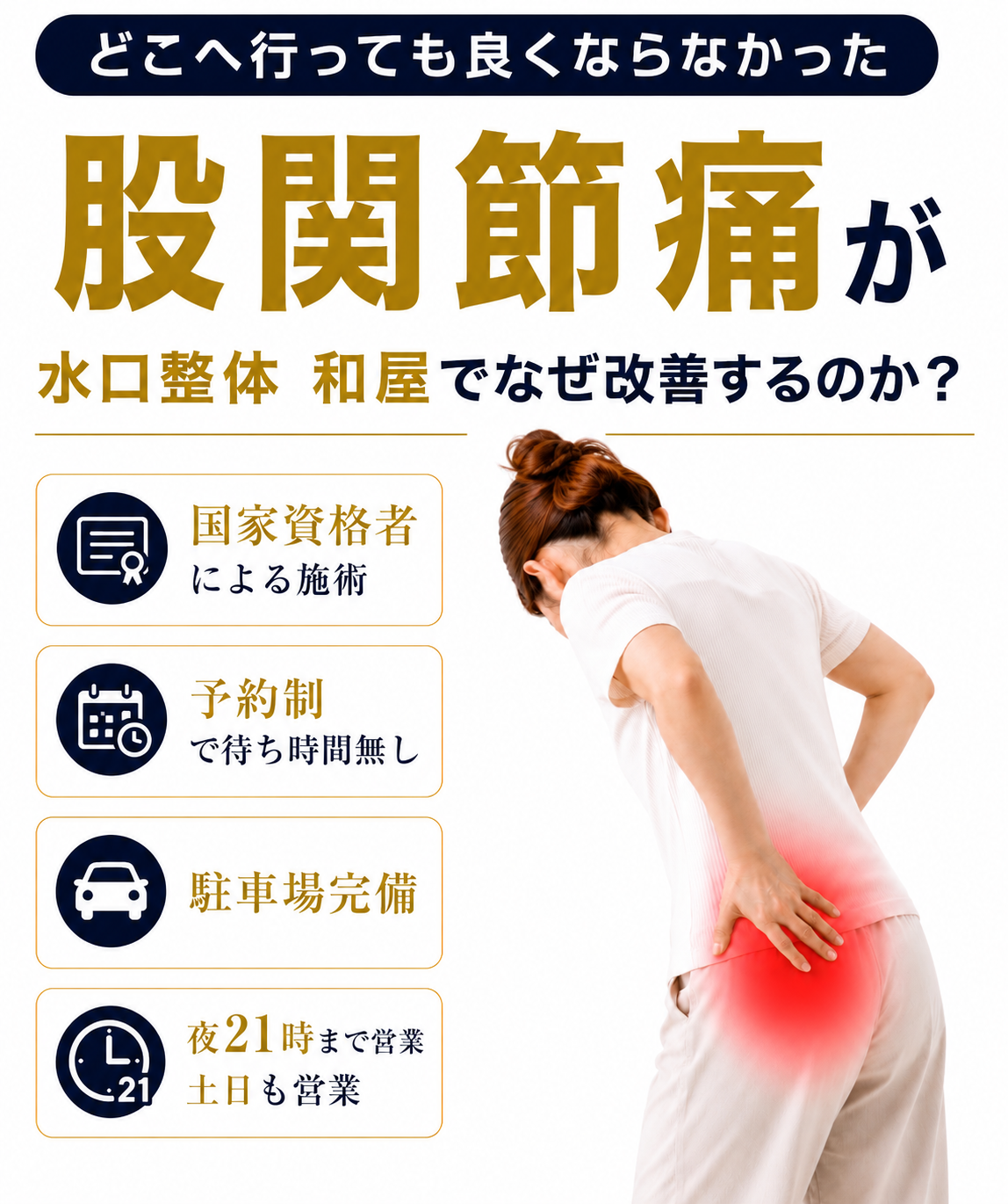 【股関節痛】でお悩みの方へ｜甲賀市水口町の整体院　水口整体 和屋(カズヤ）