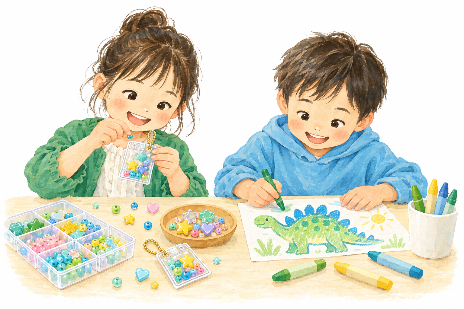 キャンディバッグづくりと恐竜の塗り絵を楽しむ子どもたちのイメージ