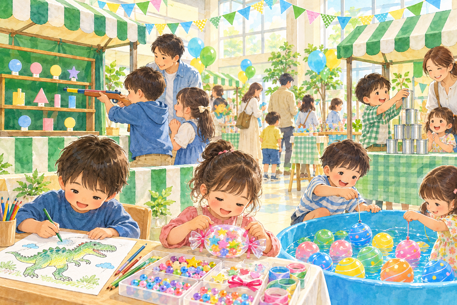子どもたちがヨーヨー釣りやものづくりなどの体験を楽しむ様子