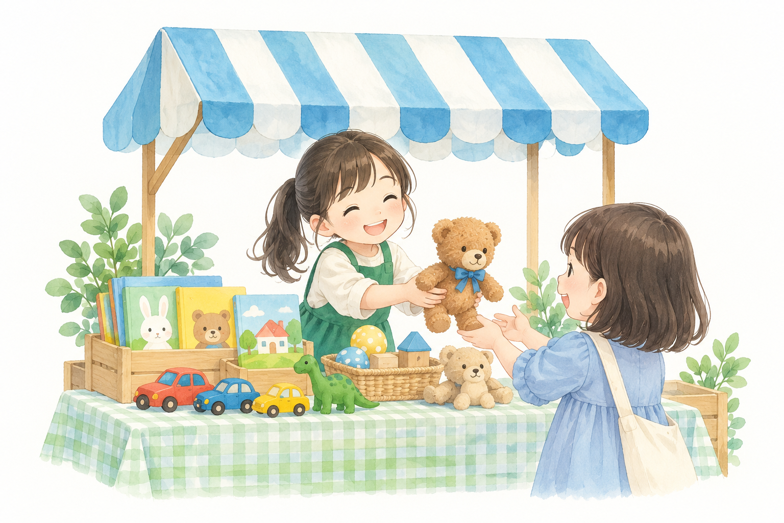 こども店長がお客さんにぬいぐるみを渡す、こども商店街のイメージ