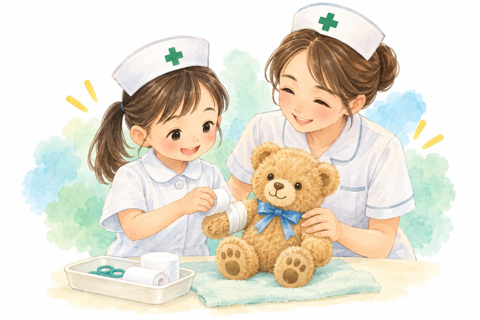 看護師と一緒にぬいぐるみに包帯を巻く、お仕事体験のイメージ