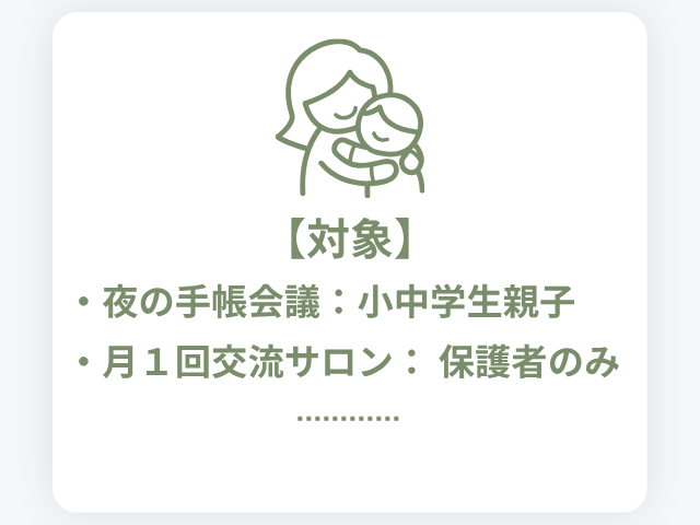 対象　夜の手帳会議：小中学生　月1回交流サロン：保護者のみ