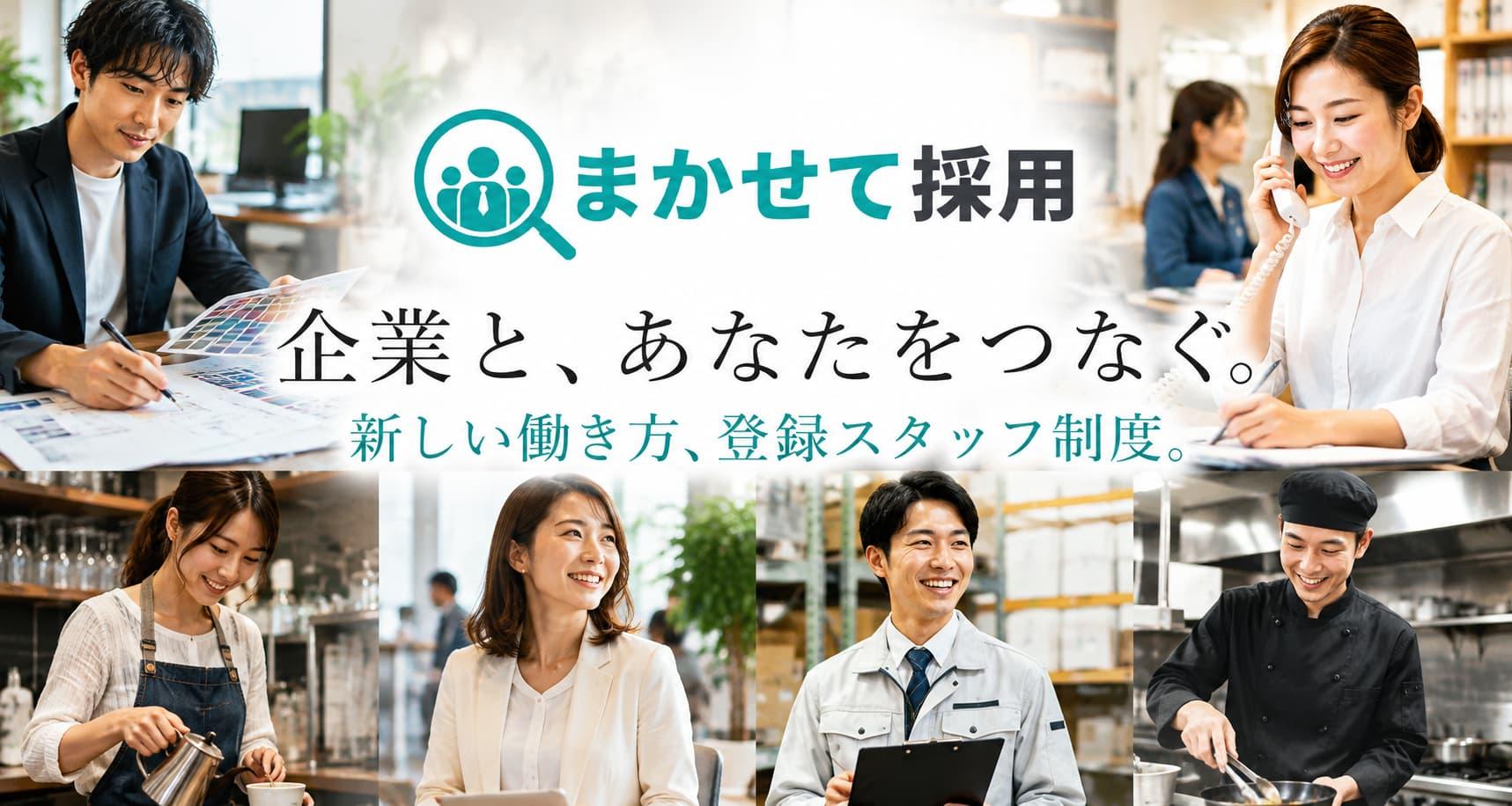 まかせて採用｜デザイナー・事務・接客・物流・調理など多様な職種の登録スタッフ制度を紹介するトップページのメインビジュアル。企業と求職者をつなぐ求人サービス。